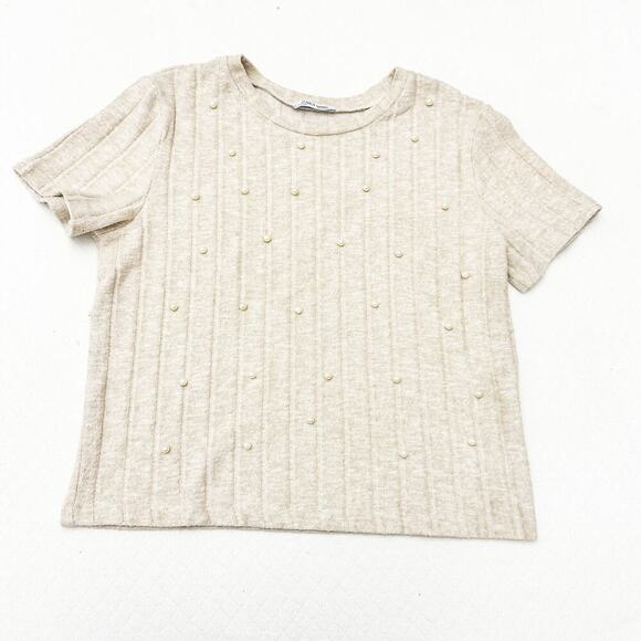 Zara Beige Pearl Studded Short Sleeve Shirt Size Large - Picture 1 of 3